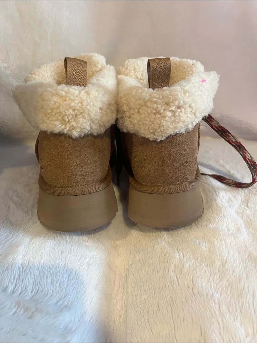 UGG men’s Chestnut Suede Sherpa Cuff Lace-Up Boots with Red Accented Laces